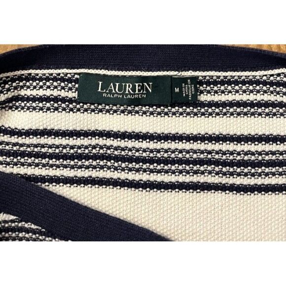 Lauren Ralph Lauren Medium Navy Blue White Striped Linen Blend Nautical Blouse - Picture 4 of 5